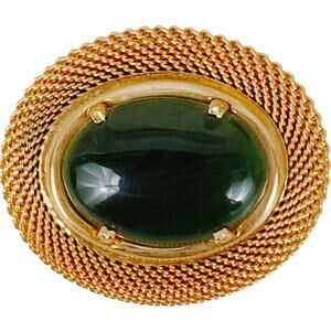 VTG Mid Century Genuine Green Nephrite Jade Cabochon Brooch in Gold Tone Mesh